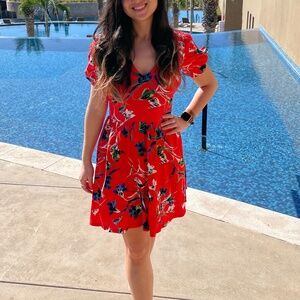 Topshop Tropical Red Short Sleeve Dress